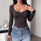 Simple Solid Color Heart Shaped Square Collar Long Jumpsuit