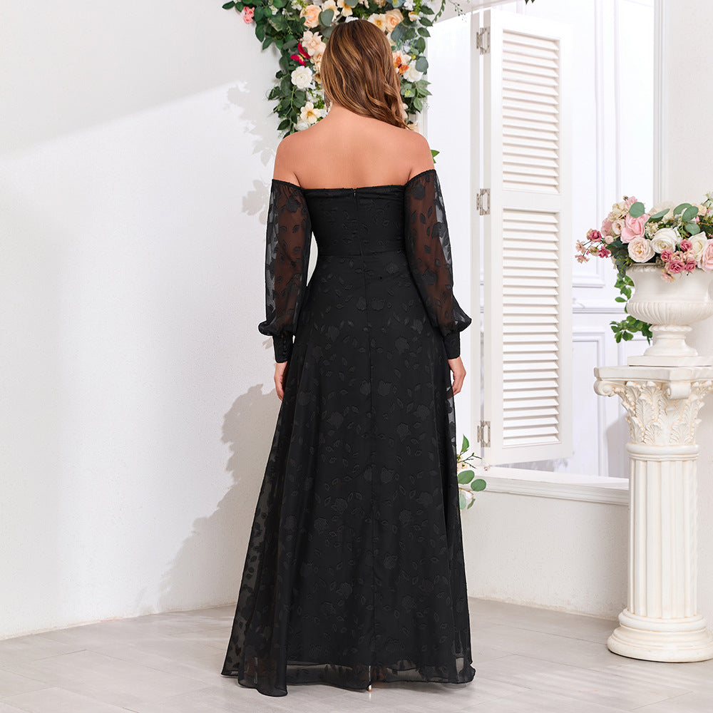 Women's Black Off Shoulder Long Sleeve Chiffon Embroidered Evening Dress High Slit Fully Lined Party Dress