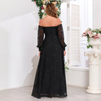 Women's Black Off Shoulder Long Sleeve Chiffon Embroidered Evening Dress High Slit Fully Lined Party Dress