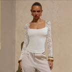 Women's Summer Sexy Sexy Women U Neck Lace Women T Shirt Slim Fit Slimming Long Sleeves Top