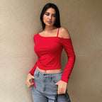 Diagonal Collar T Shirt Cropped Exposed Design Short Red Top Women