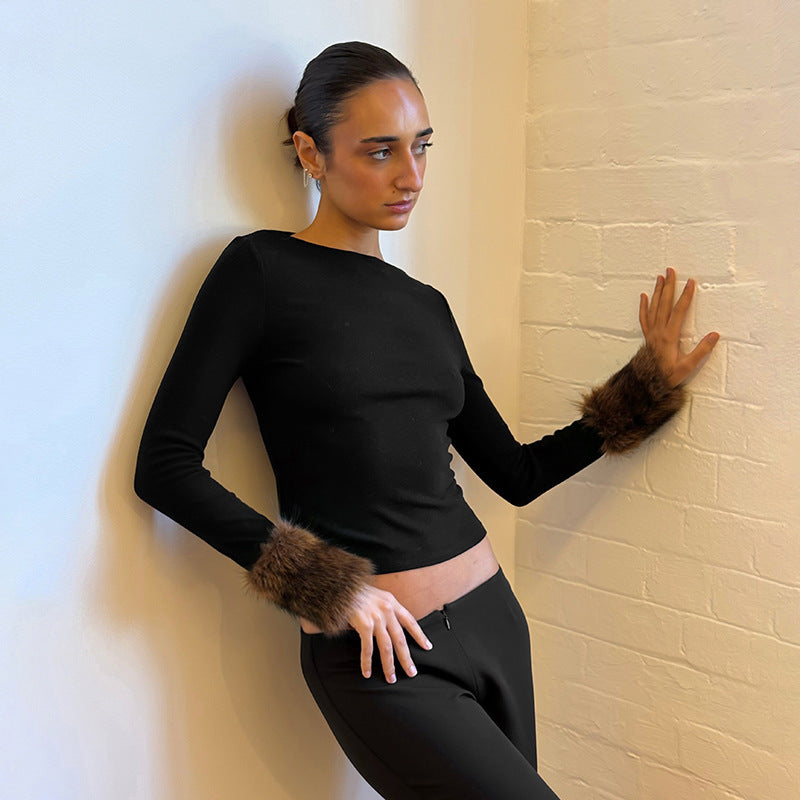Women's Fuzzy Long-Sleeve Crew-Neck Top