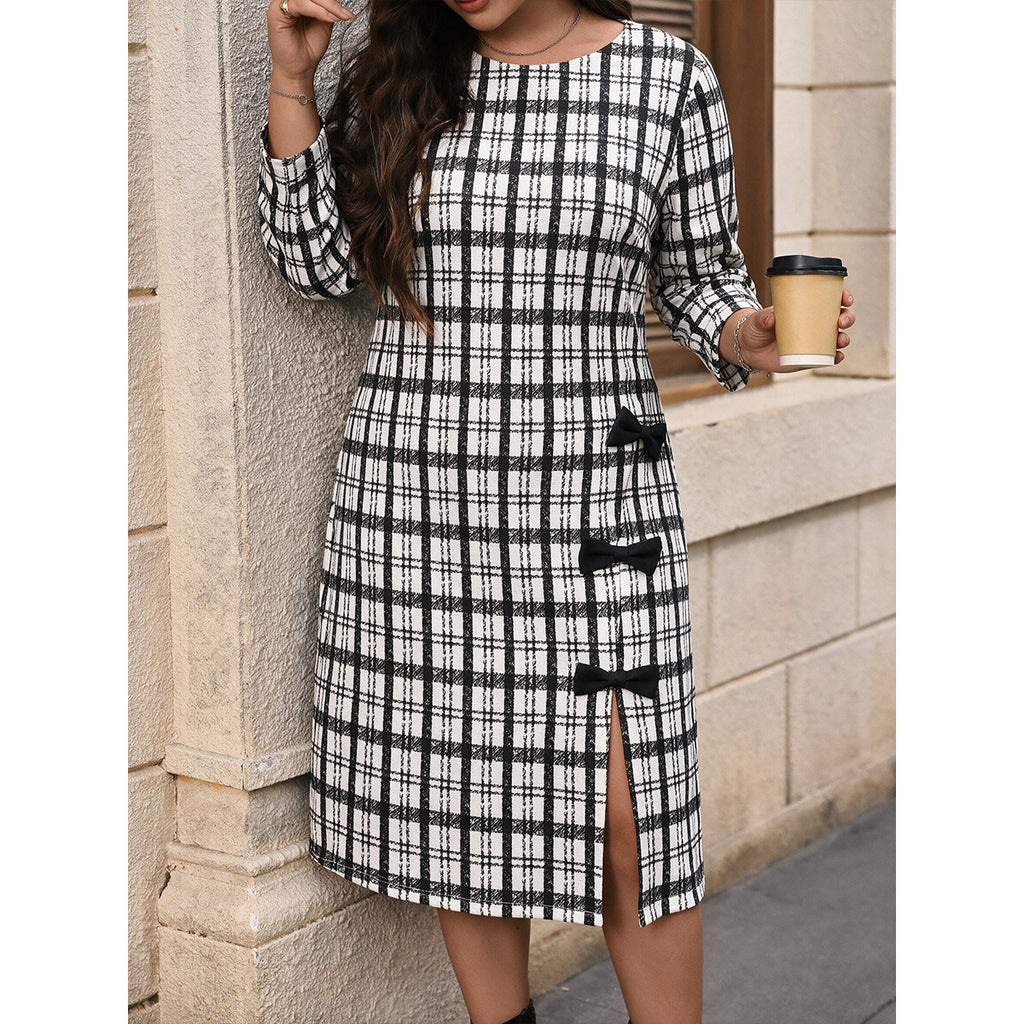 Plus Size Women Black White Lattice Pattern Dress round Neck