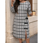 Plus Size Women Black White Lattice Pattern Dress round Neck