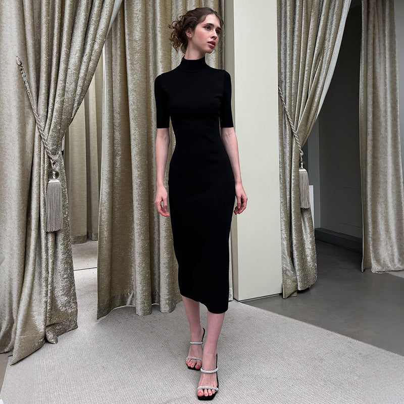 Women's Summer Women Clothing French Half Turtleneck Backless Waist Trimming Dress