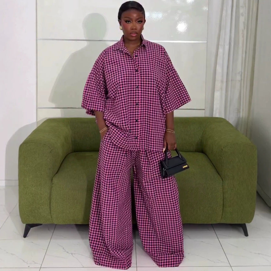 Plaid Polo Shirt and Wide-Leg Trousers Set