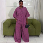 Plaid Polo Shirt and Wide-Leg Trousers Set