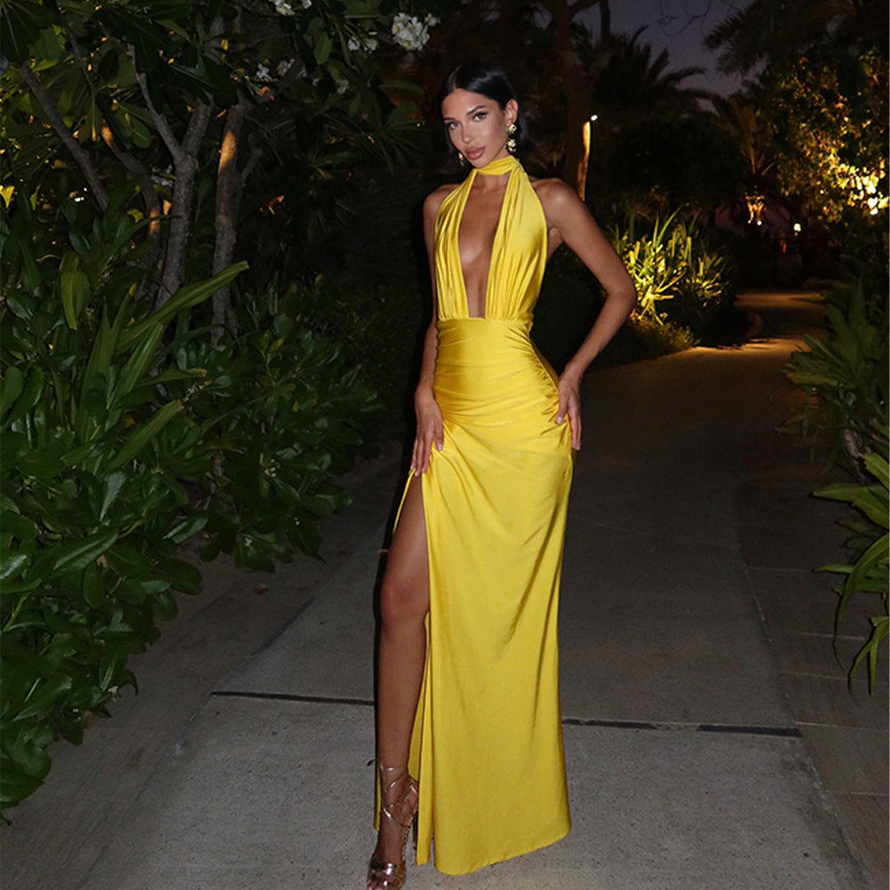 Halter Backless Cutout Slit Maxi Dress