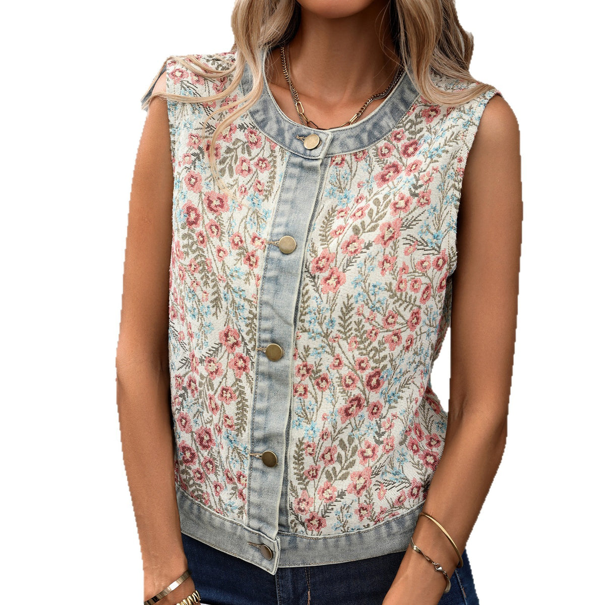 Floral Denim Vest round Neck Sleeveless Jacquard Crop Top Vest Coat