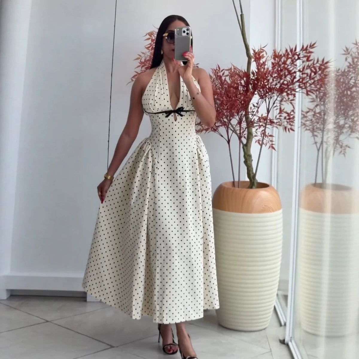 Women's Polka-Dot V-Neck Maxi Dress