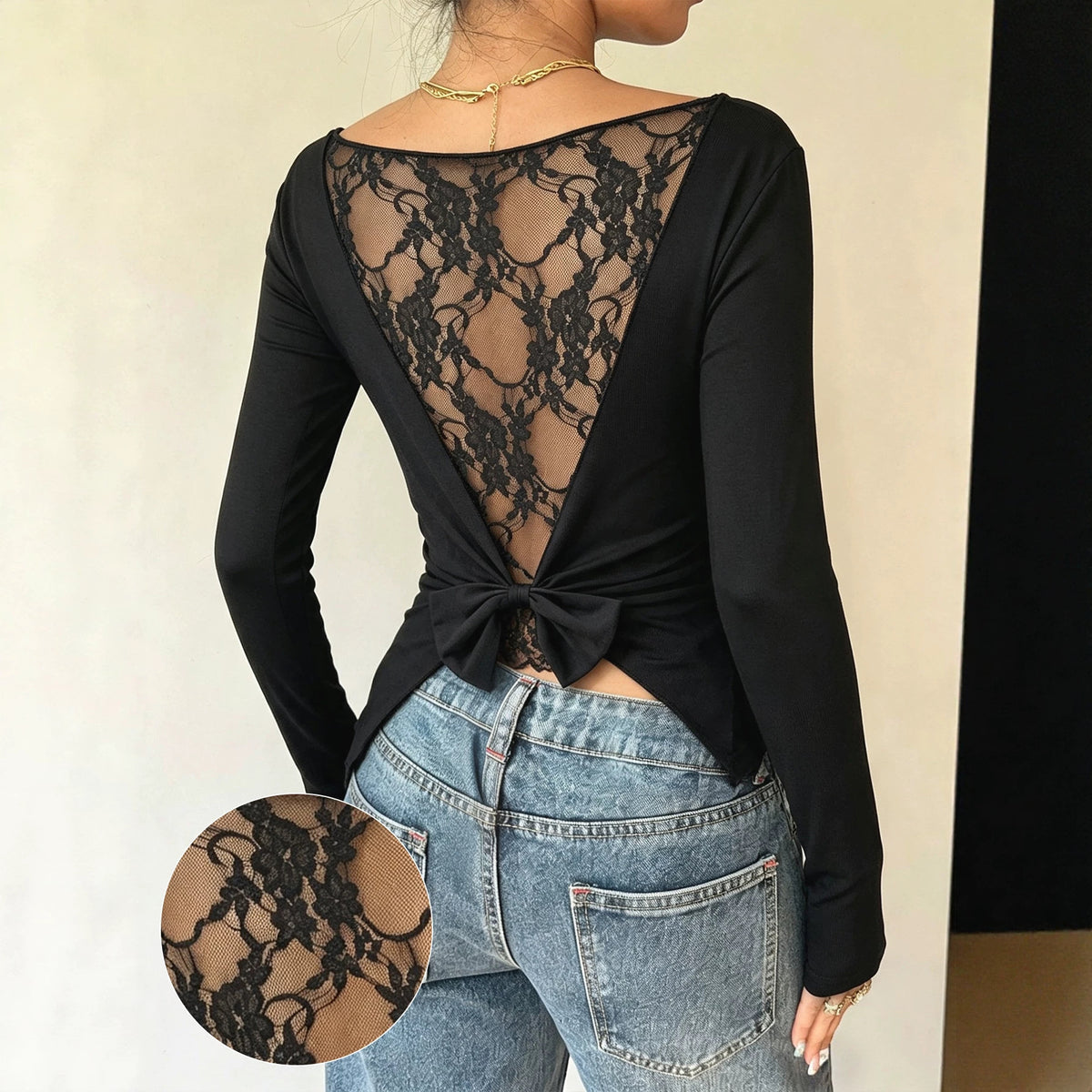 Women's Off-Shoulder Lace Backless Long-Sleeve Top