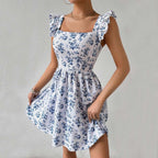 Women's Spring Summer Sweet Slim Fit Design Bare Back Lace Up Flying Sleeve Floral Dress