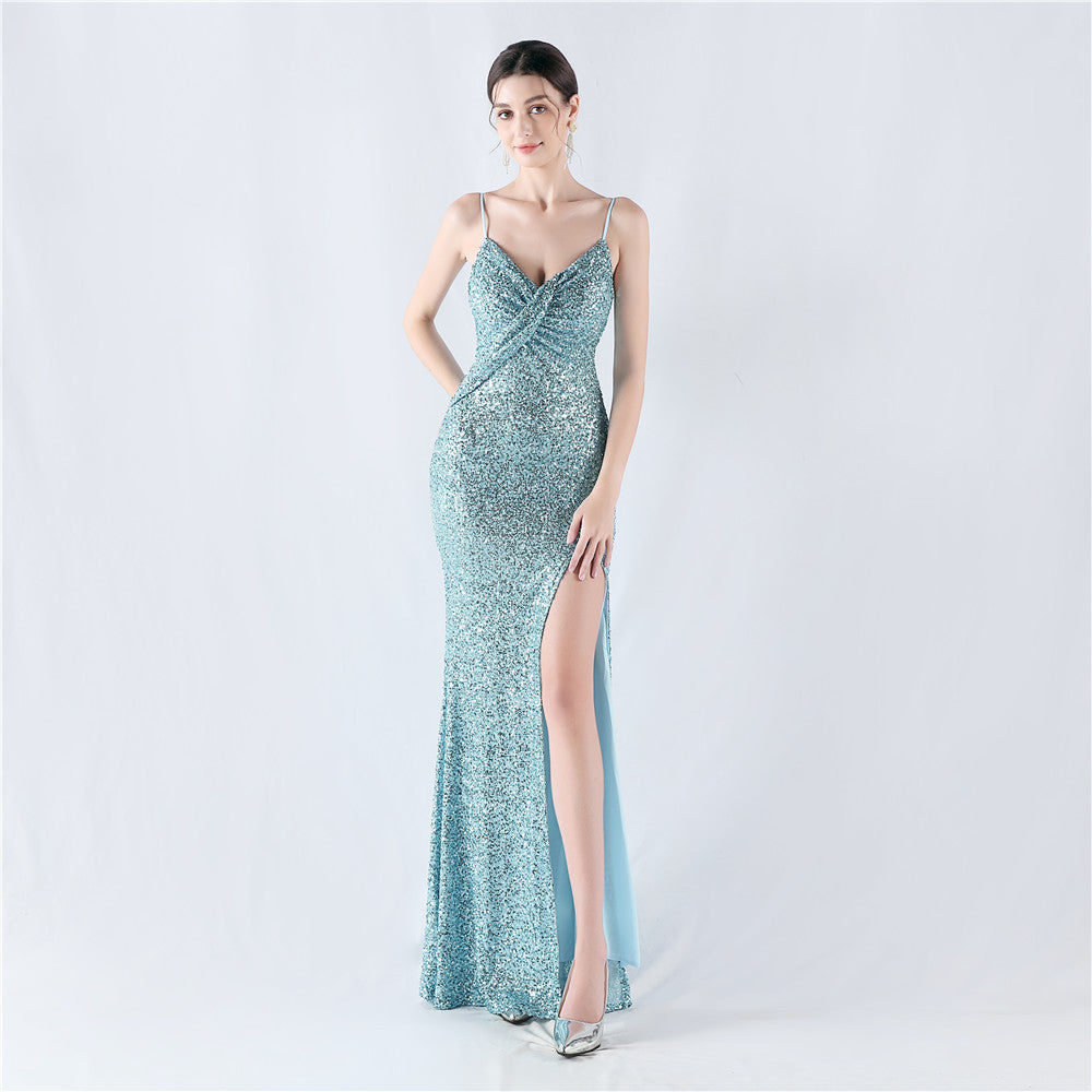 Encryption Sequin Sexy High Fork Strap Evening Dress