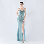 Encryption Sequin Sexy High Fork Strap Evening Dress