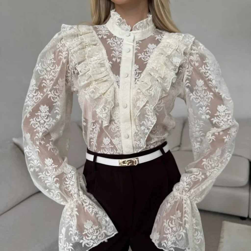 Women's Lace Puff-Sleeve Blouse With Ruffle Details