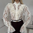 Women's Lace Puff-Sleeve Blouse With Ruffle Details