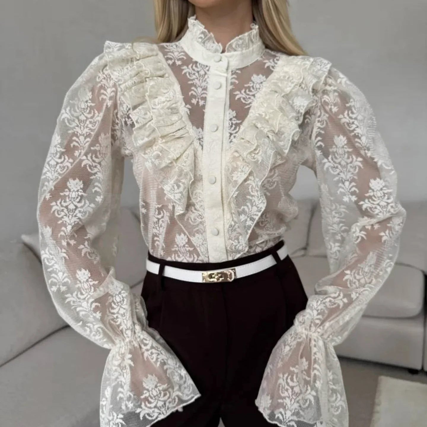 Women's Lace Puff-Sleeve Blouse With Ruffle Details