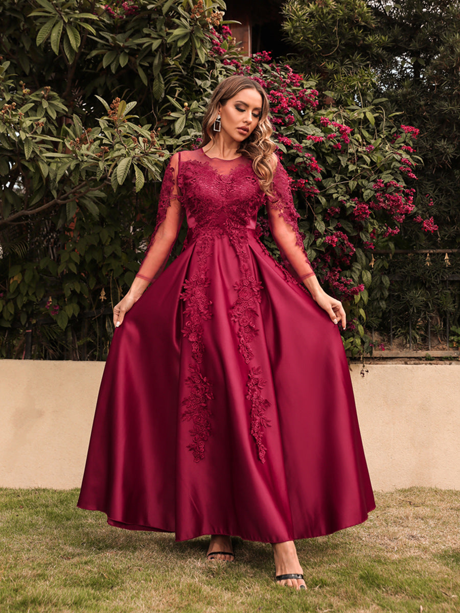 Women's Crew-Neck Lace Long-Sleeve Evening Dress