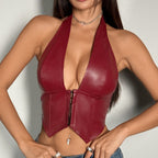 Women's Faux Leather Buckle Halter Crop Top