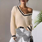 Women Clothing Preppy Women's Top Color Contrast Patchwork V neck Long Sleeve Sweater Beaded Casual Bottoming Shirt