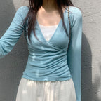 Women's Casual Sweet Sexy V Neck Faux Two Piece Long Sleeved T Shirt Women Contrast Color Slim Fit Bottoming Knitted Top