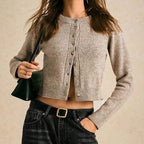 Khaki women's short knit cardigan, round neck, long sleeves, button-front