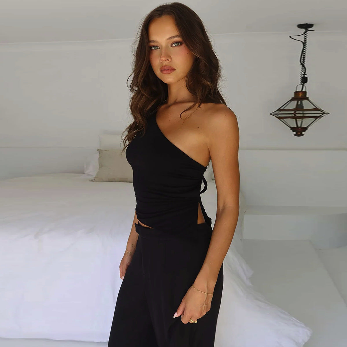 Women’s Black Asymmetric Backless Ruched Crop Top