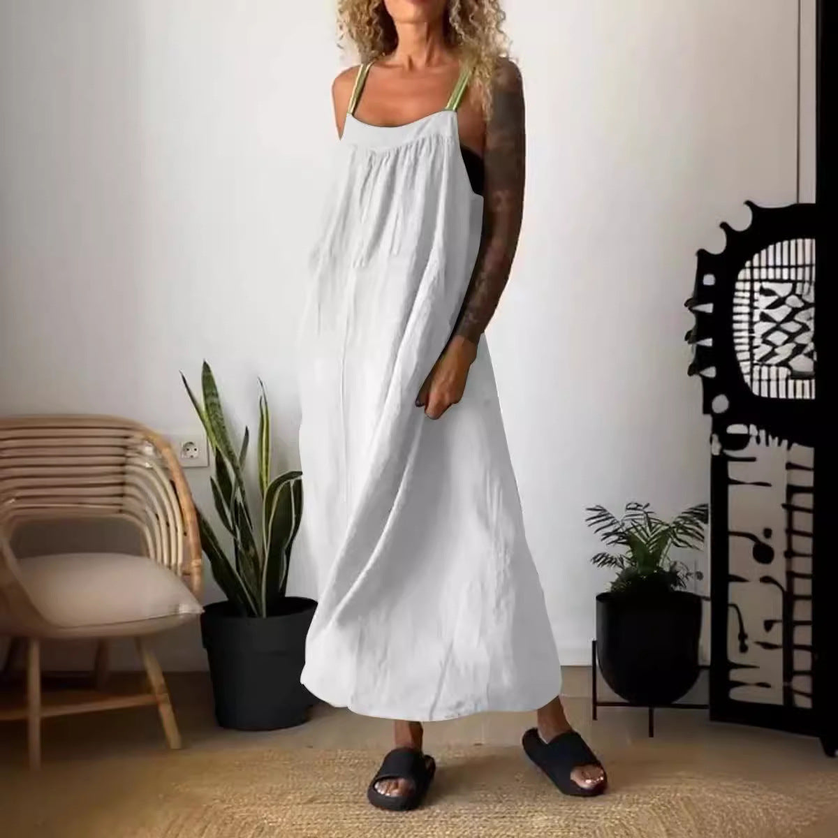 Popular Summer Casual Cotton Linen Suspender Dress