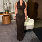 Women's Sequin Halter Mesh Maxi Dress