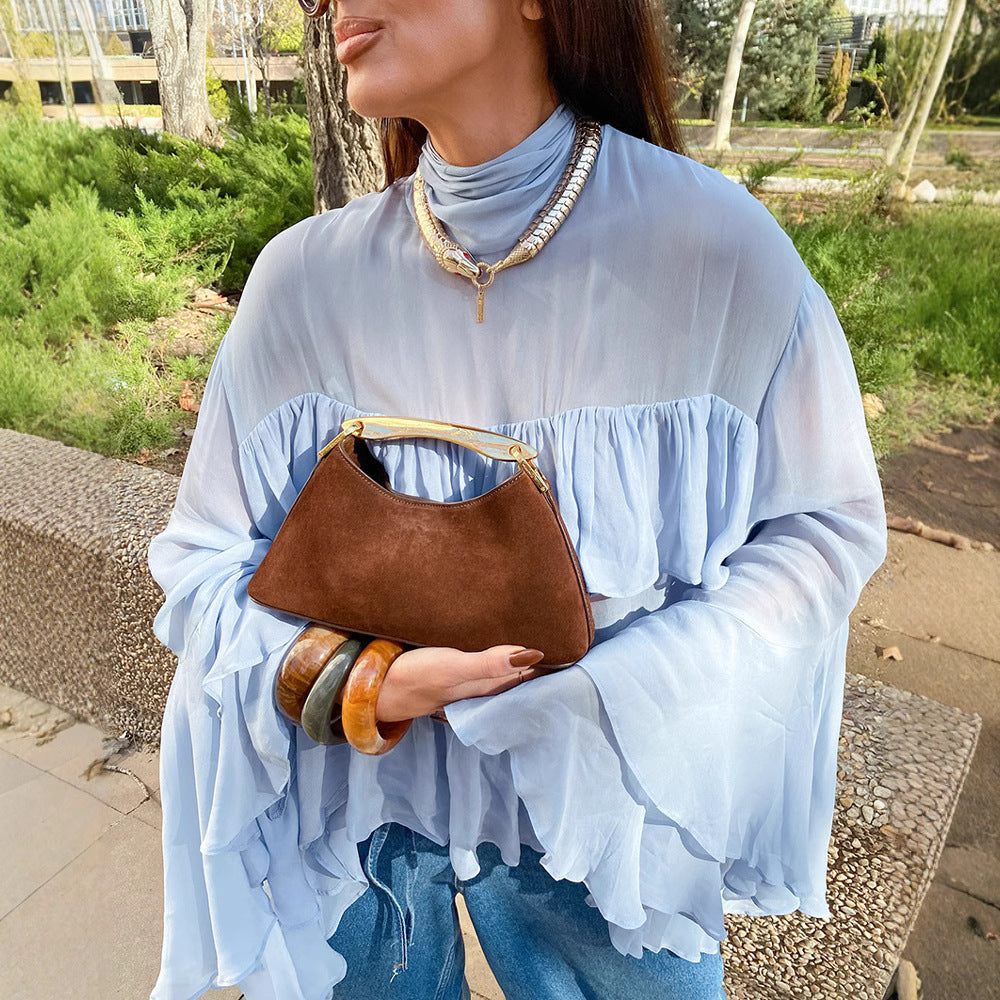 Women's Blue Ruffle High Neck Blouse