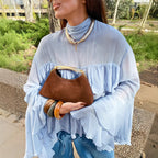 Women's Blue Ruffle High Neck Blouse
