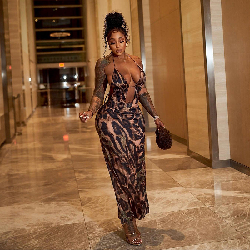 Halter Lace Up Cropped Backless Leopard Print Maxi Dress
