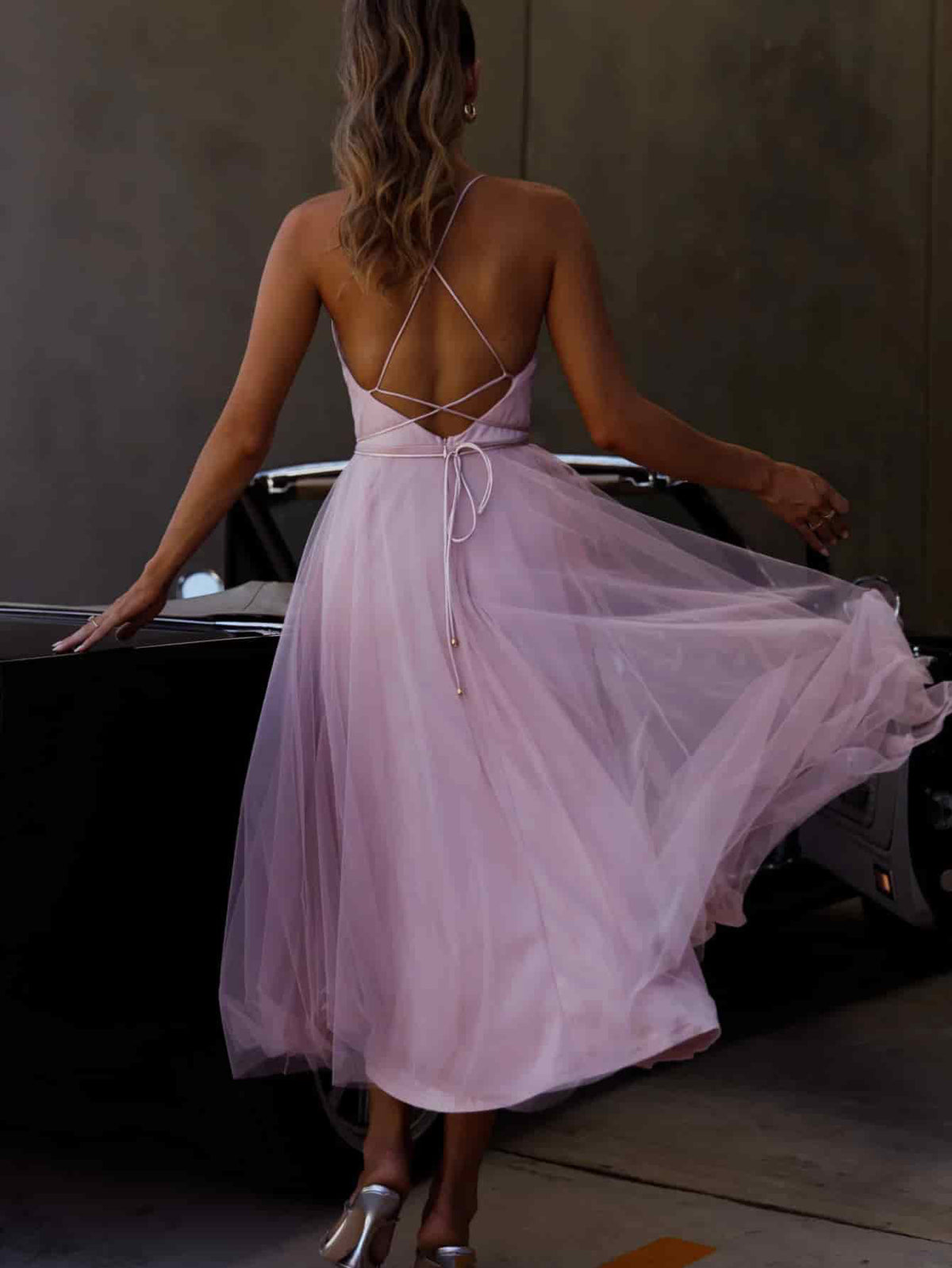 Lace-Up Backless Cami A-Line Midi Dress