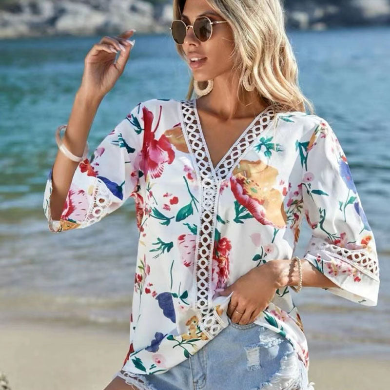 Women's 175summer Autumn Lace Bell Sleeve V Neck Loose Printed Chiffon Shirt