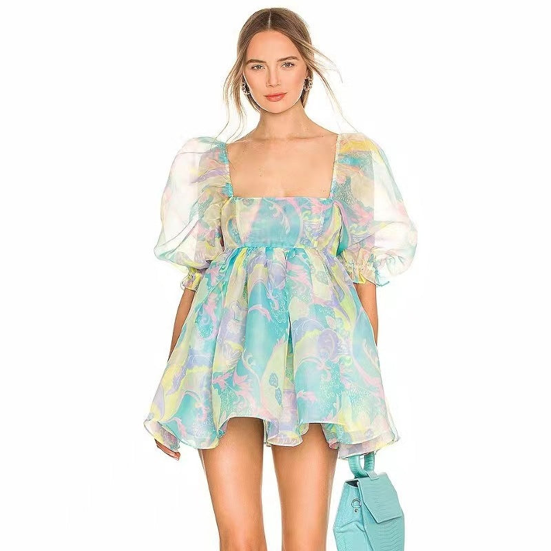 Women's Lace-Trim Printed Square-Neck Puff-Sleeve Dress