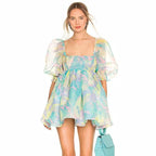 Women's Lace-Trim Printed Square-Neck Puff-Sleeve Dress