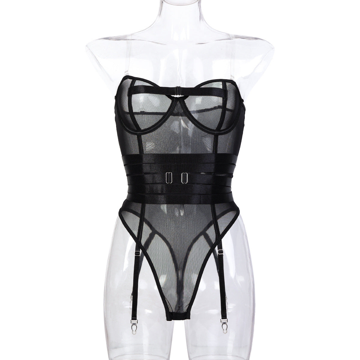 Black sheer corset lingerie on mannequin with underwire cups, waist belt, garter straps