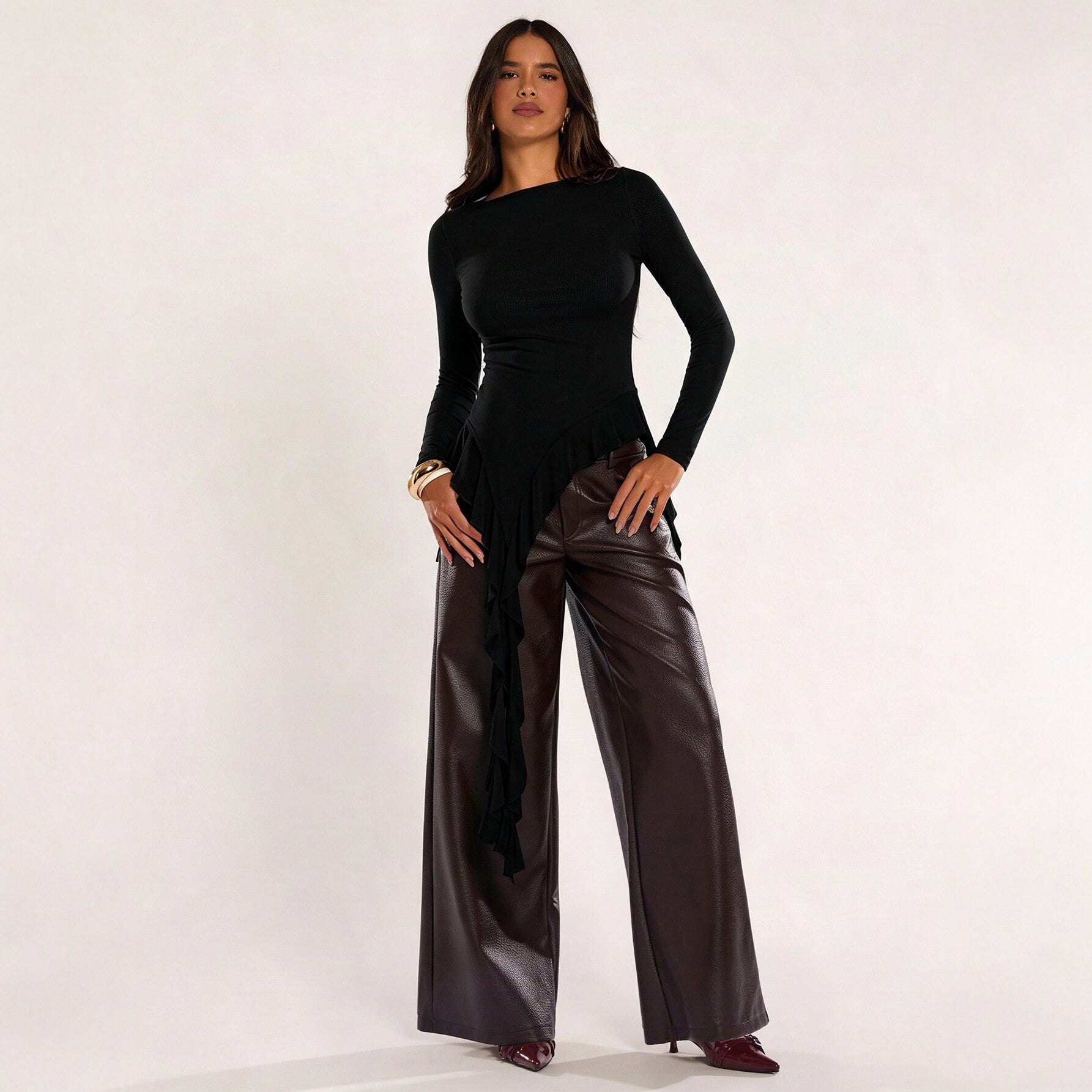 Women Clothing Irregular Asymmetric Ruffle Top Women Long Sleeved off Neck Elegant Slimming Bottoming Shirt