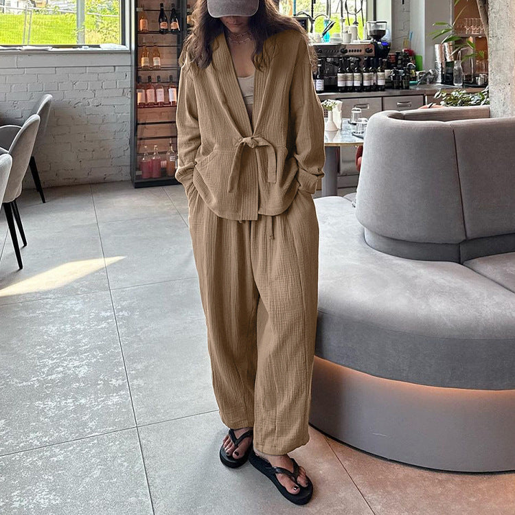 Pleated Cardigan Top & Trousers Set