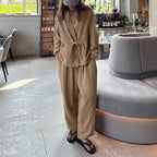 Pleated Cardigan Top & Trousers Set