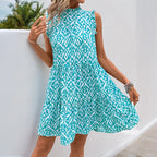 Summer Round Neck Printed Sleeveless Vest Short Dress