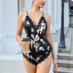Satin Lace Floral Print Jumpsuit Deep V Plunge neck Backless Sexy Sling Multi-Color Sexy Sleepwear