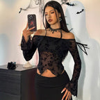 Black Floral Mesh Off-Shoulder Flare Sleeve Top