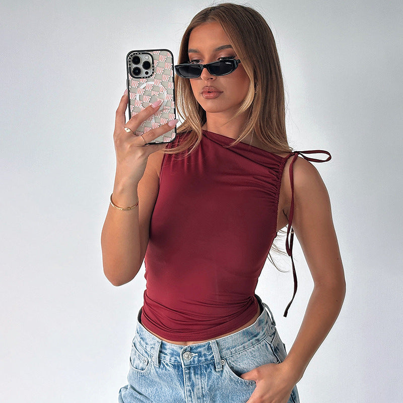 Women's Asymmetric Ruched Tie Cropped Tank Top