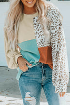 Women's Autumn Winter Contrast Color Leopard Print Knitted Long-Sleeved Top Women