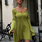 Off-Shoulder Trumpet-Sleeve Ribbed Knit A-Line Mini Dress