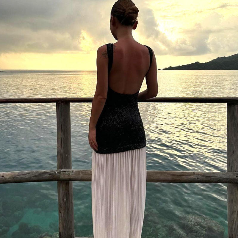 Color-Block Sequin Backless Sleeveless Bodycon Maxi Dress