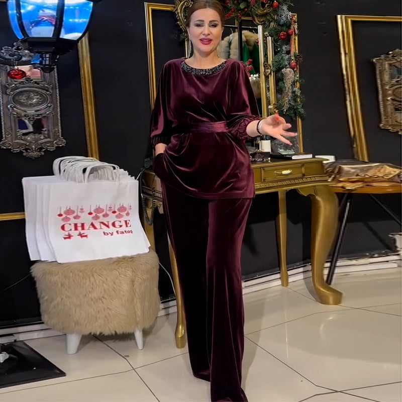 Gold Velvet Western Slim Fit round Neck Pullover Straight Leg Pants Two Piece
