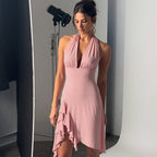Women Clothing Summer Sexy Deep V Plunge Backless Waist Trimming Sheath Sleeveless Dress Women