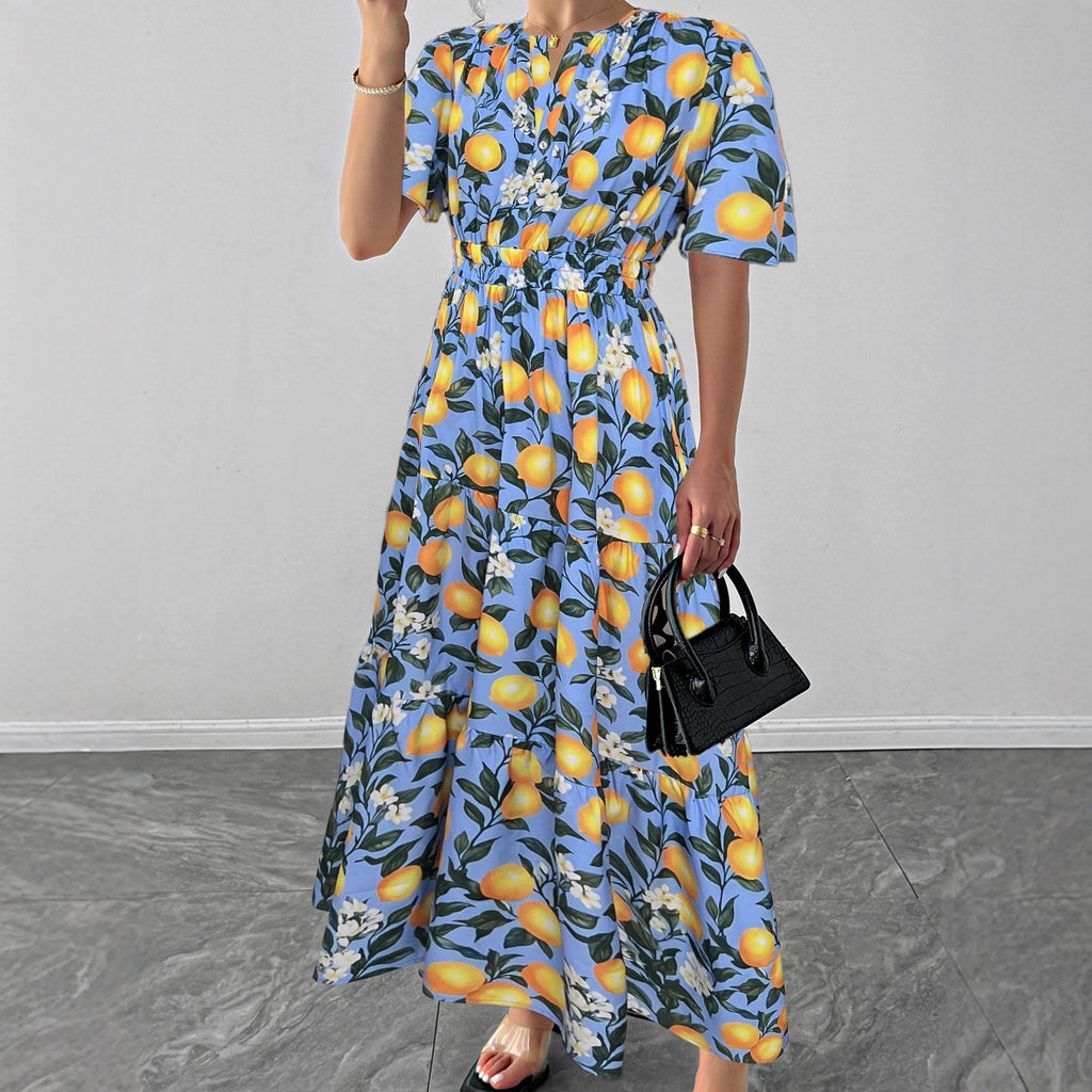 Women's V-Neck Floral Ruched Short-Sleeve A-Line Dress